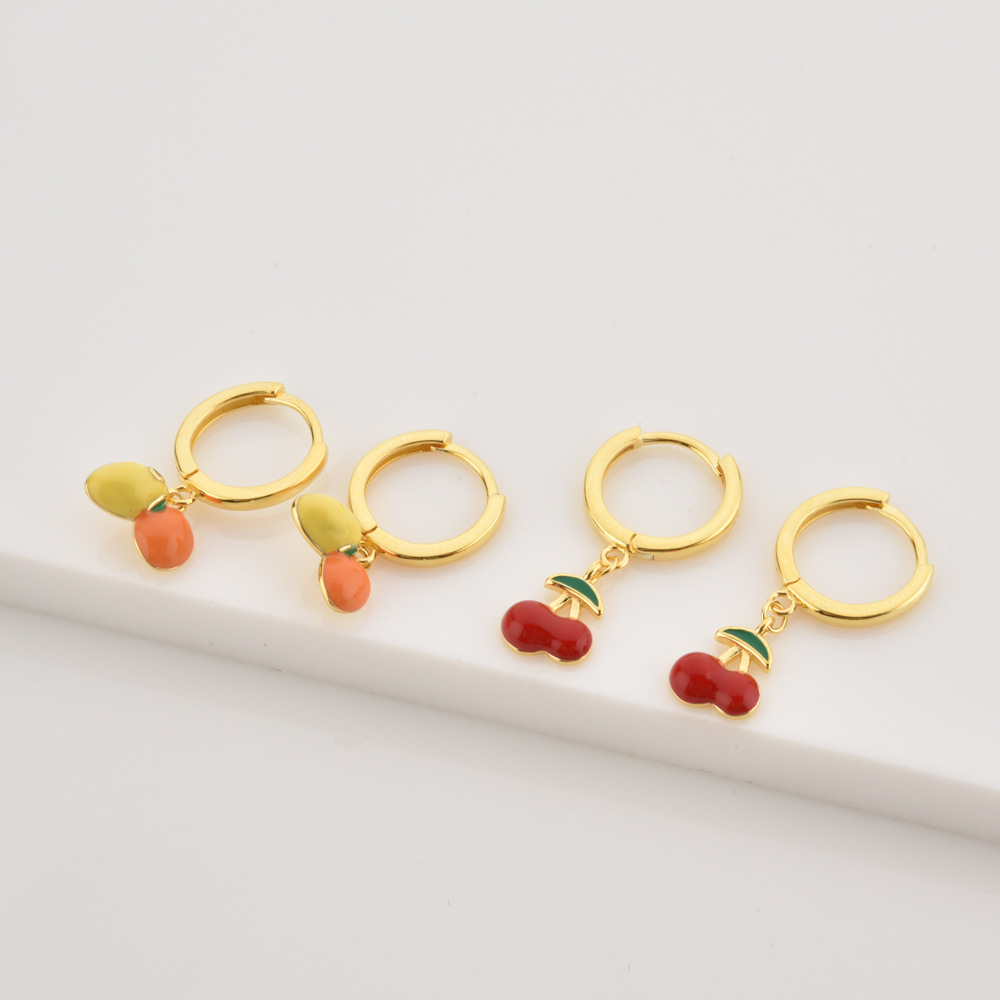 Electroplating Gold Plating Process 925 Sterling Silver Ear Needle Material 1 Pair 925 Sterling Silver Cherry Mango Drop Earrings