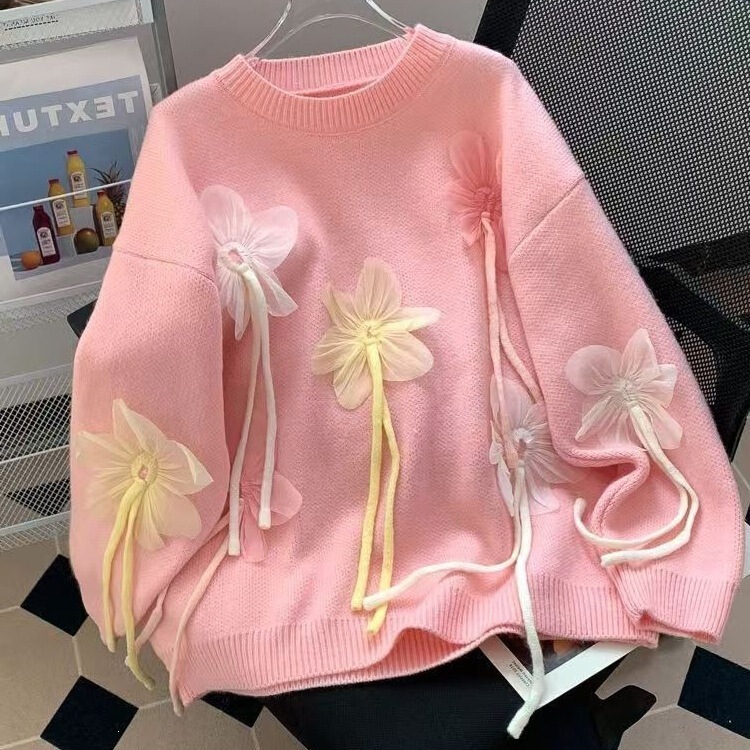 2026 Sweet Women's Winter New Loose Sweater Coat Knitwear with Floral Embellishments in White and Light Blue 2026 Sweet Women's Winter New Loose Sweater Coat Knitwear with Floral Embellishments in White and Light Blue