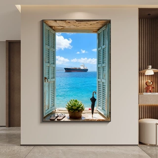 现代简约假窗户大海风景装饰画沙发背景墙落地画空间延伸卧室挂画