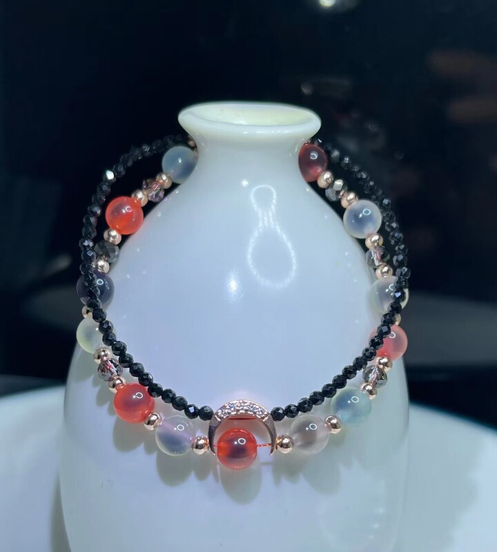 Natural Agate Color Sugar Heart Agate Black Tourmaline Double Row Bracelet Natural Agate Color Sugar Heart Agate Black Tourmaline Double Row Bracelet