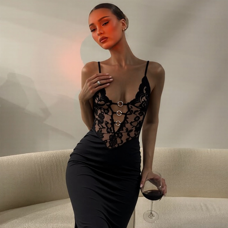 Amazon Fashion Suspender Long Skirt Sexy Lace Wrapped Chest Stitching Steel Ring Decoration Slim Fit Hip-Hugging Pure Lust Dress
