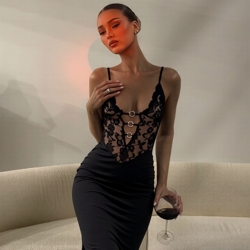 Amazon Fashion Suspender Long Skirt Sexy Lace Wrapped Chest Stitching Steel Ring Decoration Slim Fit Hip-Hugging Pure Lust Dress