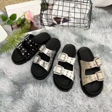 2025夏季跨境大码厚底拖鞋女双扣铆钉皮带扣爆款凉鞋女