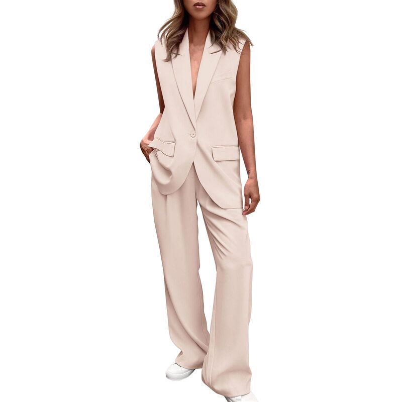 Amazon Cross-Border 2026 Spring and Autumn New Style Elegant Sleeveless Buttoned Suit Women's Loose Pants Set Wholesale