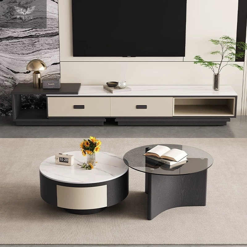 Nuevo estilo de lujo ligero y moderno simple meseta de té sala de estar doméstica minimalista mesa de tabla de roca combinación de gabinete de vidrio