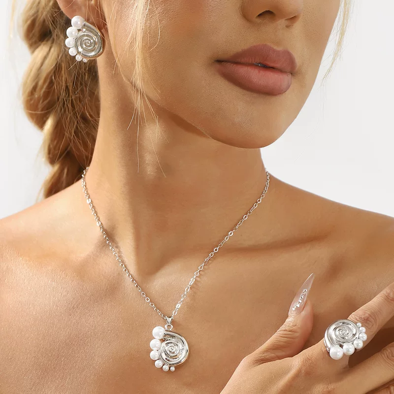 Fashionable brand earrings from pearl, necklace, ring for leisure, beach accessory, European style, simple and elegant design