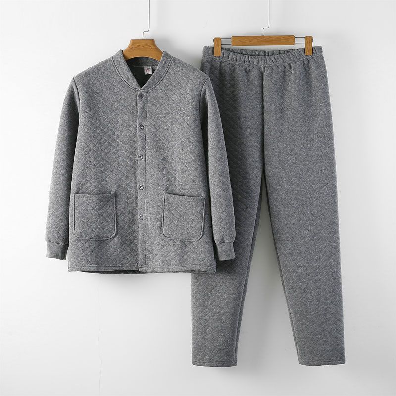 남성용 누빔 홈복, 면 중간두께 보온내의, 버튼다운 상의, 중장년층을 위한 하이웨이스트 루즈한 면팬츠