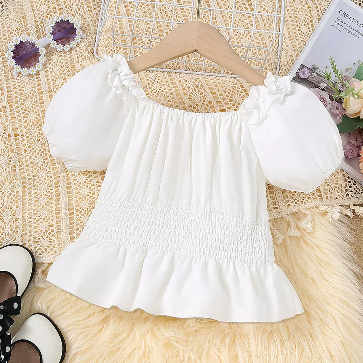 独立站速卖通新款女童设计感泡泡公主袖衬衫收腰女孩短袖方领T恤