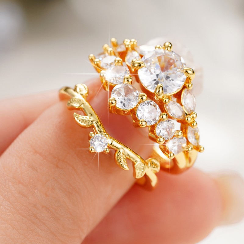 10, 6, 9 Ring Size Ig Style Shiny Round Leaves Copper Inlay Zircon Rings