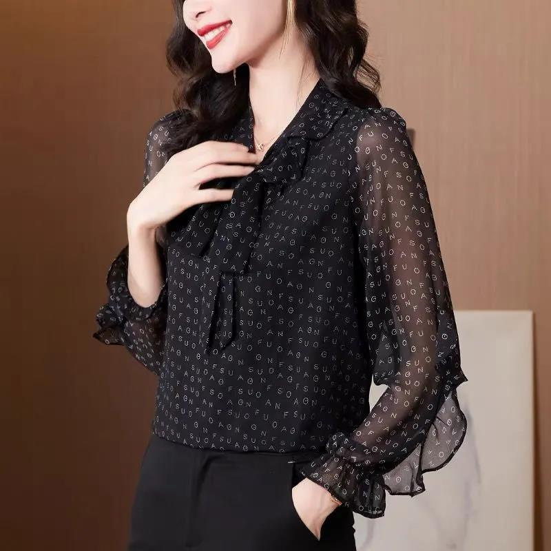 Printed Letter Ribbon Chiffon Bow Tie Long-Sleeved Shirt for Women Spring & Fall Pullover Style Loose Bell Cuffs