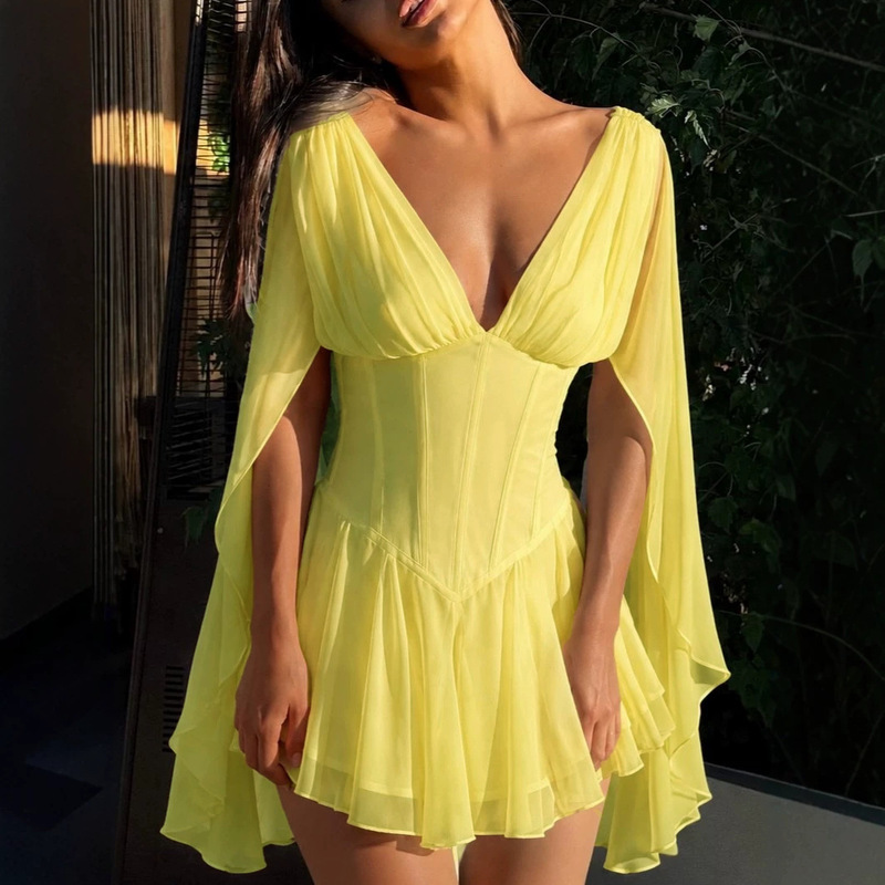 Amazon cross-border women's chiffon dress, short skirt, deep V-neck, cape sleeves, tie-up detail, sexy backless party dress