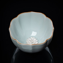 宋朴苏扬烨大师天青汝窑莲花主人杯景德镇矿釉嵌银品茗杯礼盒装