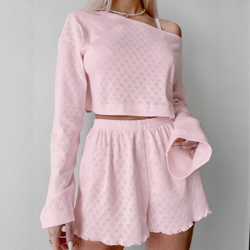 Cross-Border Knitted Blend Two-Piece Set with Long Sleeves and Shorts, Skin-Friendly and Soft, 2025 Stretchy Women's Loungewear