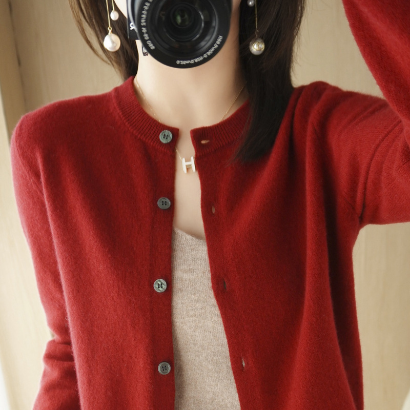 2022 spring new cashmere cardigan women's round neck sweater solid color long sleeve sweater single-breasted sweater coat
