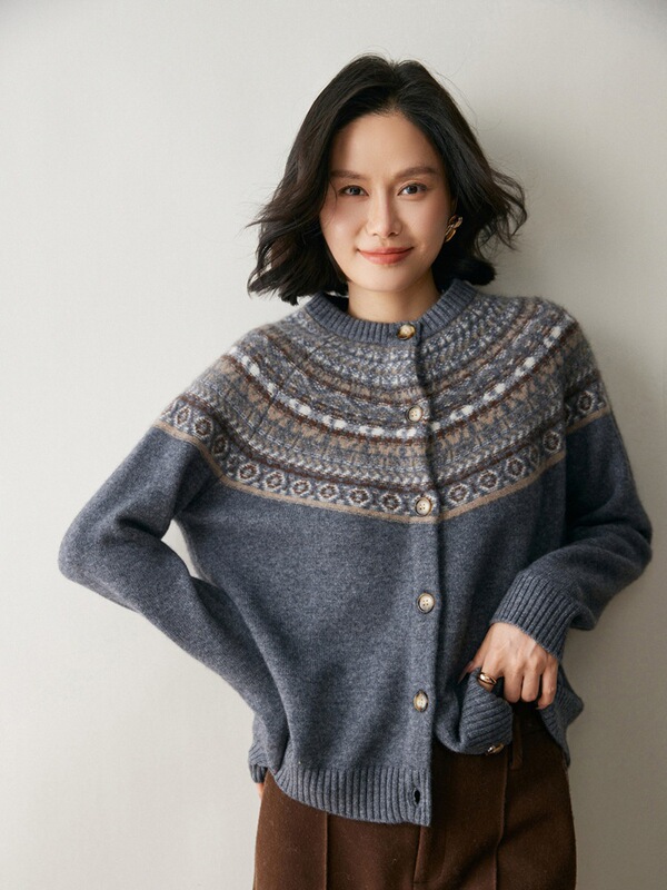 费尔岛圆领山羊绒开衫女针织加厚提花外套秋冬宽松长袖上衣毛衣|undefined