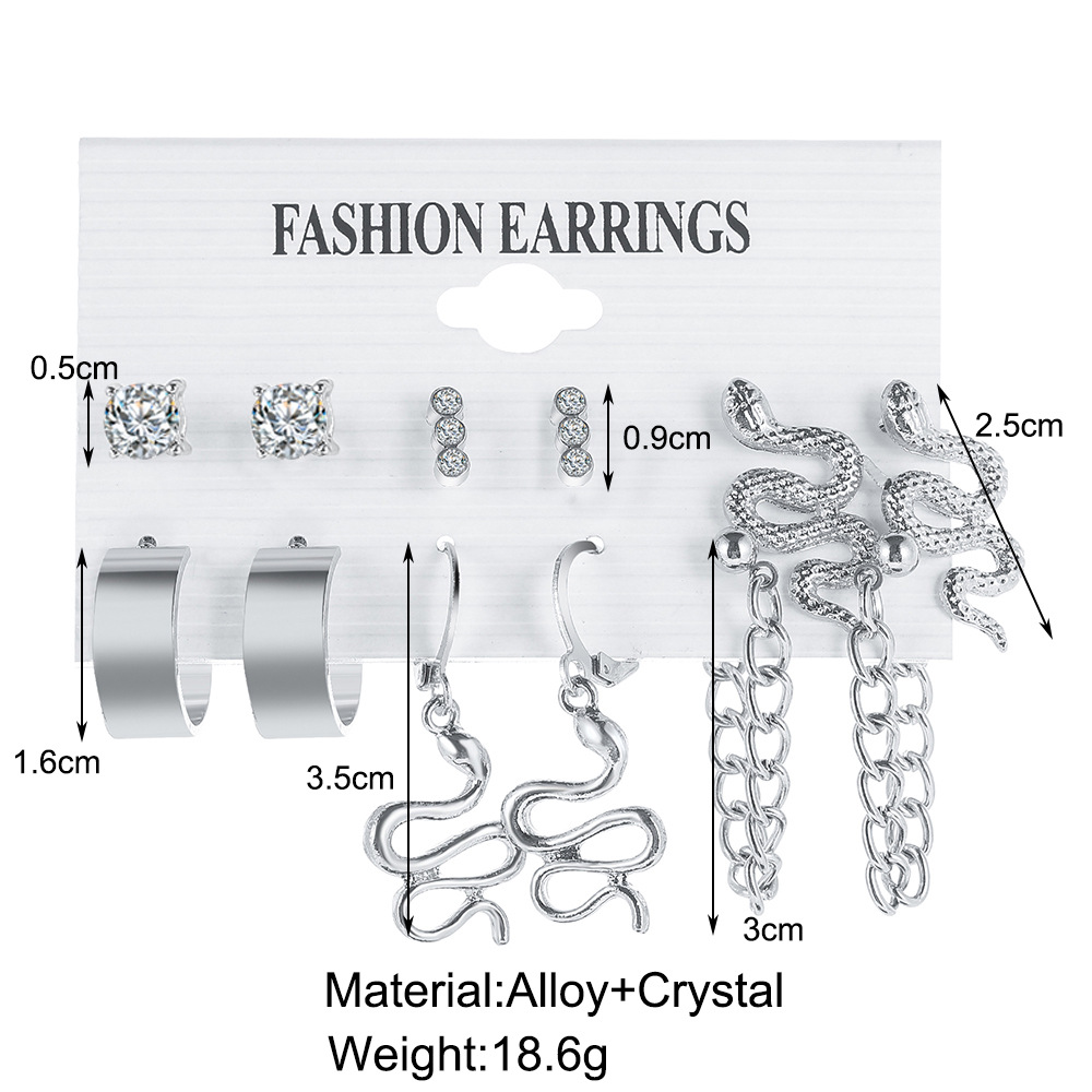 Simple Letter C-shaped Snake-shaped Rhinestone-studded Earrings Set 6 Pairs display picture 1