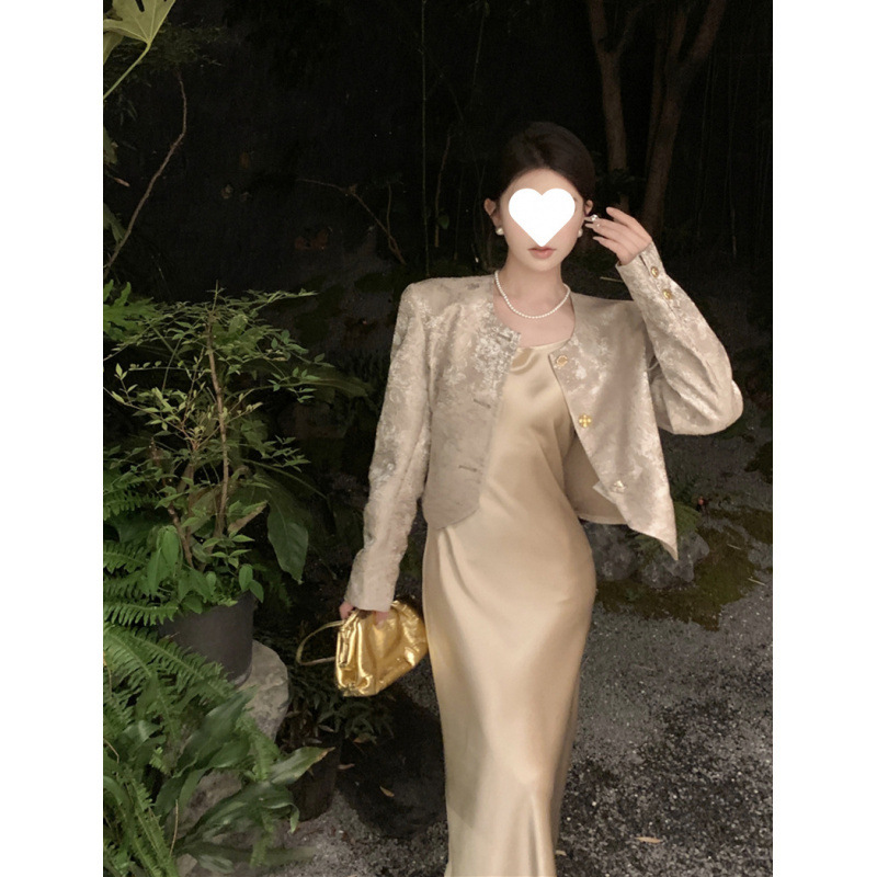 秋装美拉德穿搭提花料小香风外套+醋酸缎面显瘦吊带连衣裙女|undefined