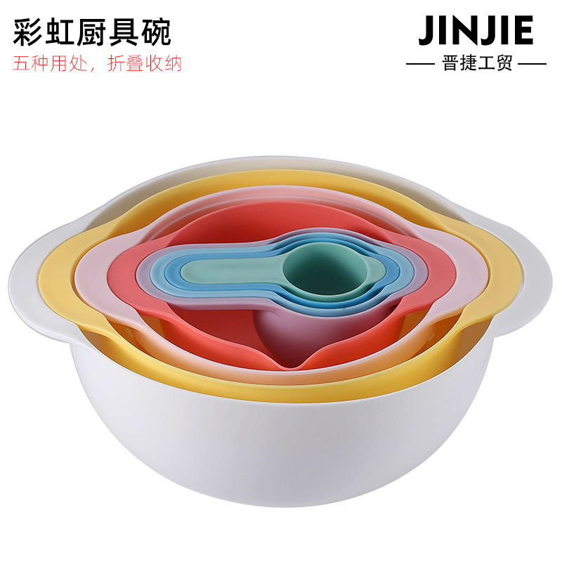Rainbow Kitchen Bowl 8-piece Set Plastic Water Filter Baking Flour Sieve Mixing Cup Salad Bowl Wash Vegetable and Fruit Basin Set