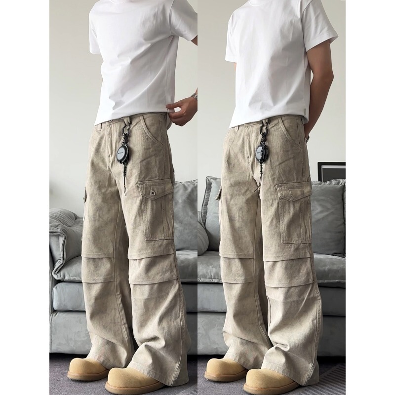 Spring and Autumn Marble Paratrooper Cleanfit Straight-Leg Leg Loose Pleated Jeans Hong Kong Style Distressed Retro American Workwear