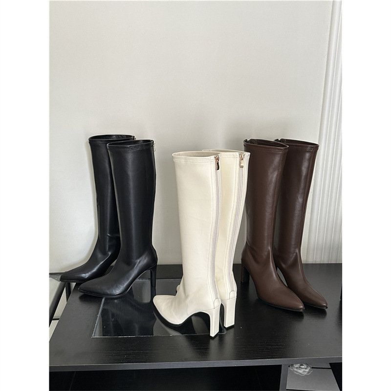 Guangzhou Women's Shoes White High Boots 2025 New Knight Boots Women's Pointed Toe Thick Heel Boots French High Heels Guangzhou Women's Shoes White High Boots 2025 New Knight Boots Women's Pointed Toe Thick Heel Boots French High Heels