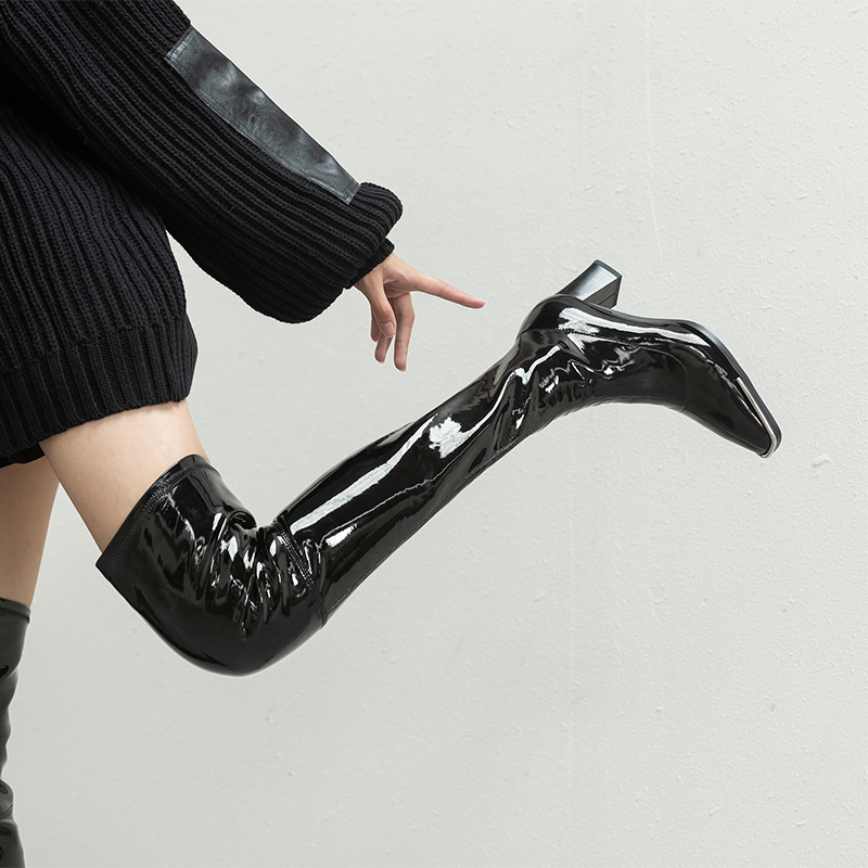 Boot nữ cổ cao quá gối da sáng chế mũi vuông kim loại gót vuông ôm chân co giãn — Lớp lót bằng da sáng chế màu đen