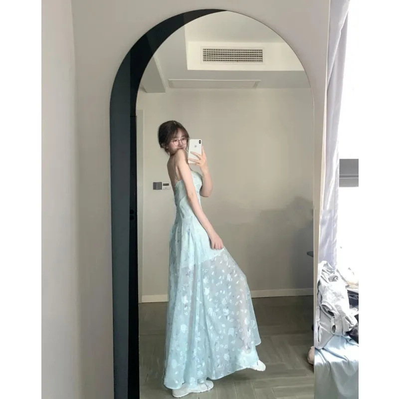 雰囲気のある紫色の花柄ウエストサスペンダードレス女性の夏の新しい純粋な欲望スタイルのハイエンドの絶妙で美しいロングスカート|undefined