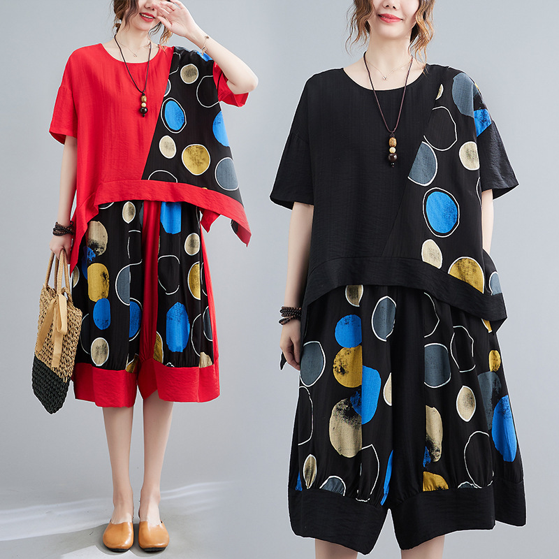 Real shot 2022 spring and summer new fashion suit casual stitching irregular loose T-shirt + wide leg pants two-piece set for women