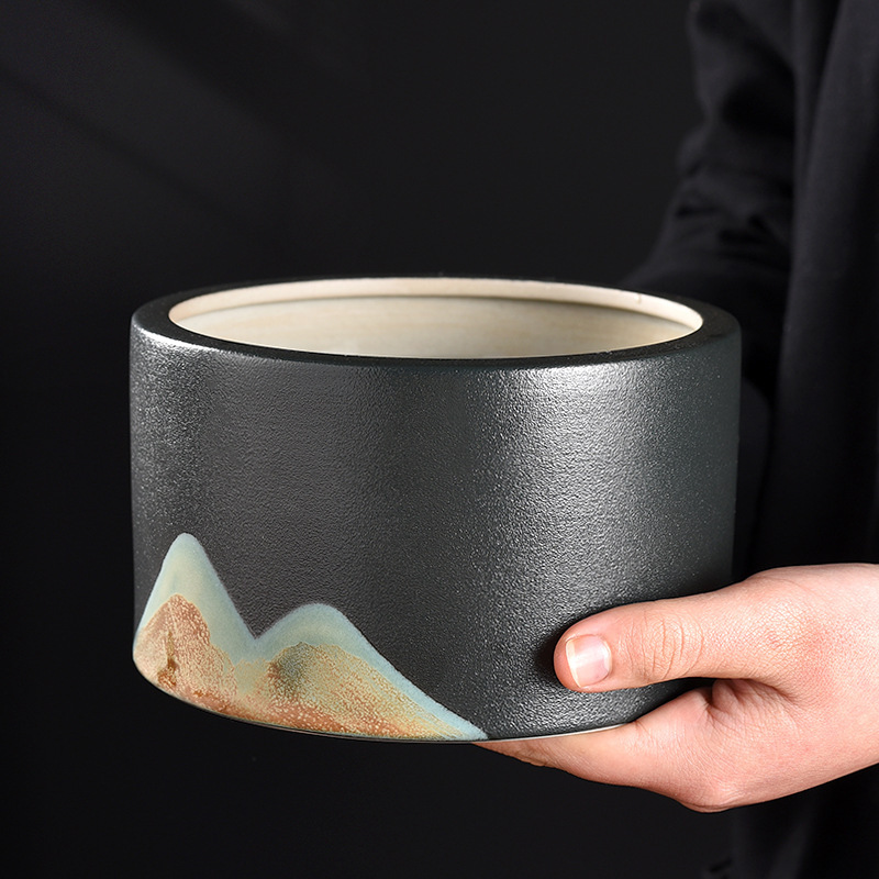 黑陶远山家用茶洗大号功夫茶具配件茶缸建水日式茶盂水盂笔洗杯洗