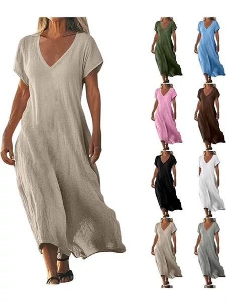 Europe and the United States cross-border foreign trade Amazon wish independent station loose solid color V collar cotton women's dress women's clothing