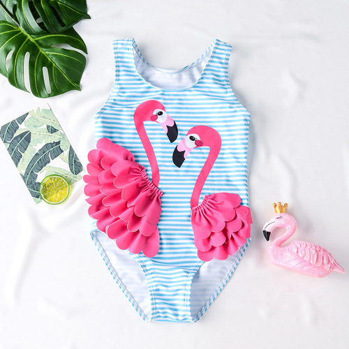 Children's Summer Swimwear Girl Baby One-piece Swim Suit for Girls Cartoon Striped Flamingo Bikini 1-6 Years Old