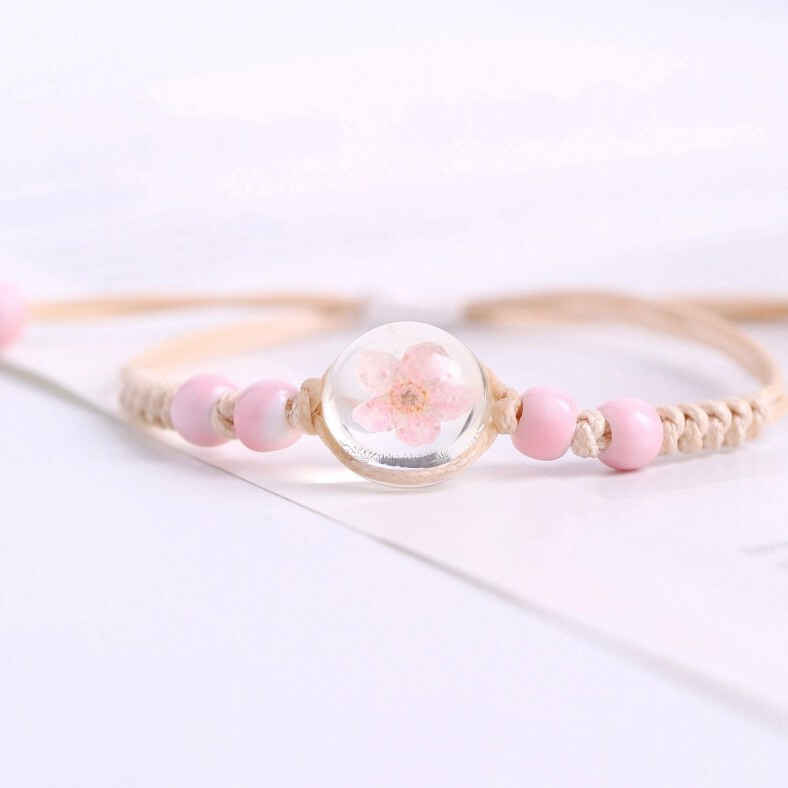 Casual Small Fresh Glass Ball Dried Flower Bracelet Time Gem Cherry Blossom Gypsophila Plant Specimen Bracelet for Women