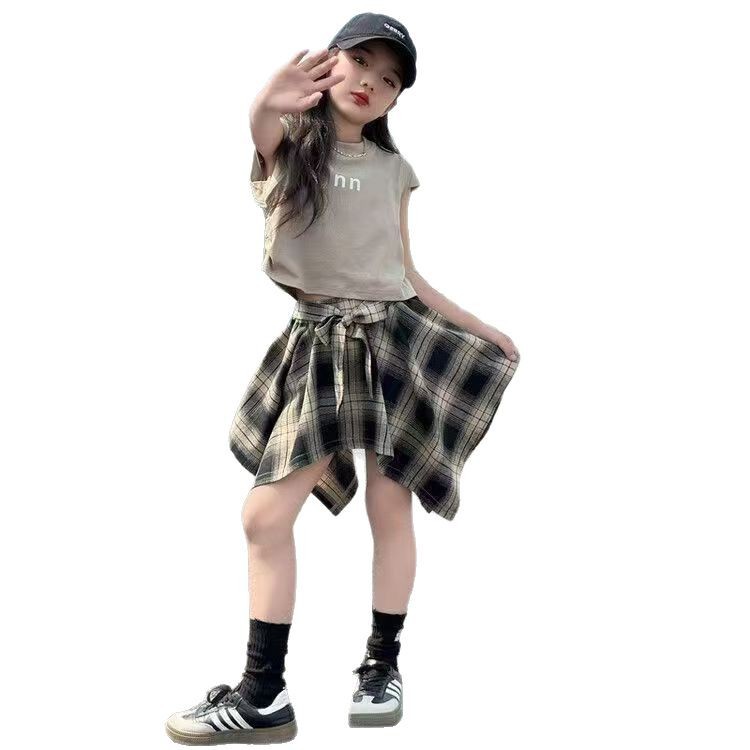 Vestido de verano para niñas, falda a cuadros, traje de manga corta 2025, nueva camiseta de estilo occidental para niños, falda de moda, traje de dos piezas de moda