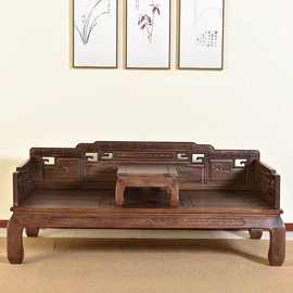 罗汉床老榆木仿古雕花新中式实木沙发床复古罗汉床沙发贵妃榻
