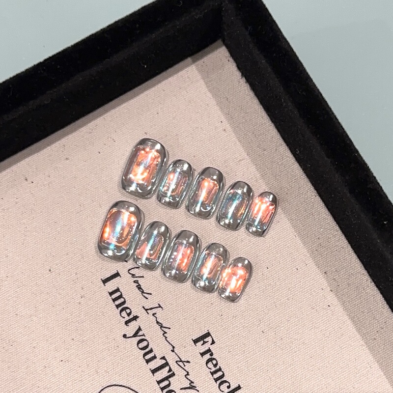 Purely Handmade Wearable Nail Pieces, Silver Aurora Nails, Short Style Manicure, European and American Light Luxury Nails, Aurora Fake Nail Patches