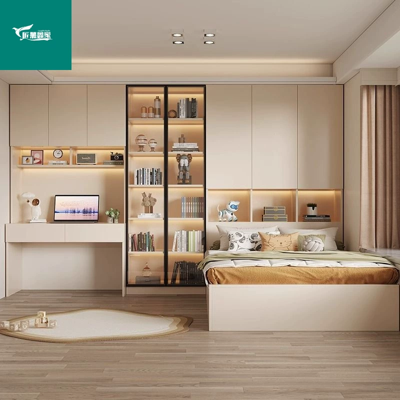 Детская кровать малого размера с татами из массива дерева, встроенный шкаф-кровать с письменным столом и гардеробной.