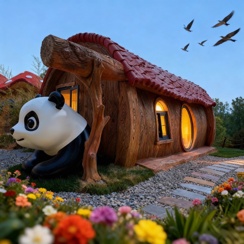 Casa de madera en forma de red Alojamiento residencial móvil Características de cuento de hadas Bosque Casa de frutas Casa de hongos Punto escénico Hotel de vacaciones Restaurante