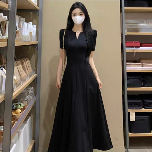 Women's 2025 Summer Tea Party Short Sleeve Skirted Dress with Waist Cincher, Fat Mm Cover Stomach Slimming Elegant Audrey Hepburn Style Long Skirt