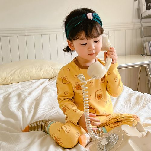 Korean style boneless children's pajamas, autumn clothes and long trousers sets for boys and girls, pure cotton thermal underwear, autumn and winter baby home clothes