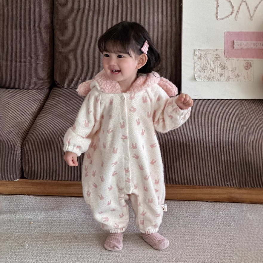 Ropa de bebé invierno niña bebé mono princesa estilo extranjero conejo exterior ropa gruesa mampara con capucha ropa de invierno