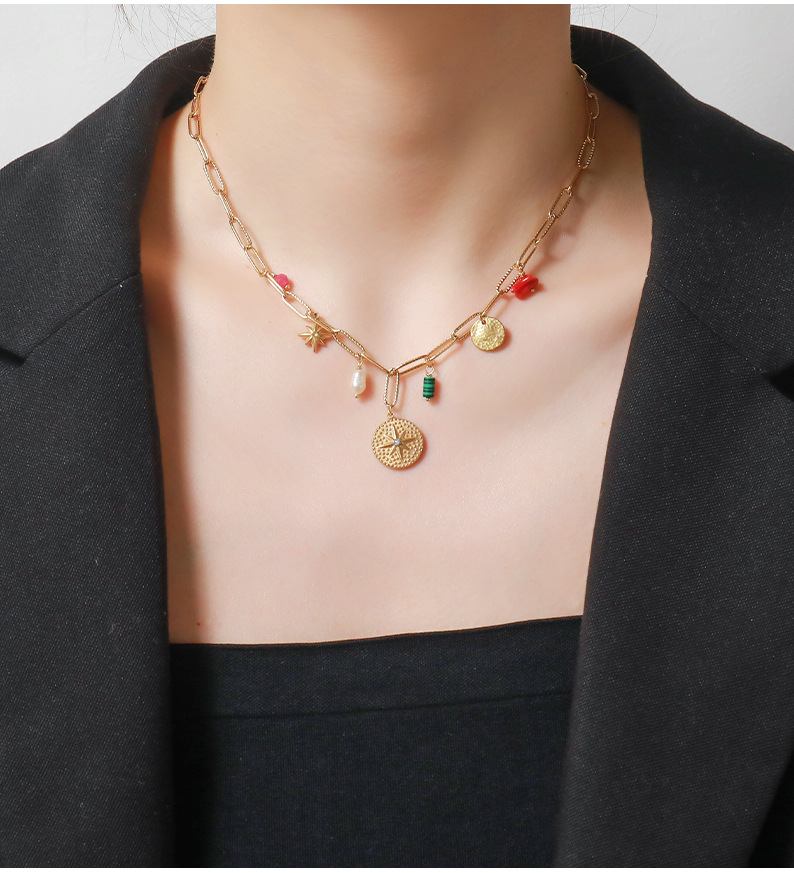 Linglang Baroque Style Gold-plated Chain Natural Stone Choker Pendant Necklace Vintage Jewelry