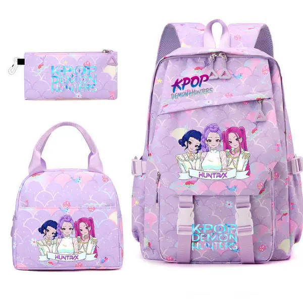 Cross-Border New Korean K-Pop Demon-Hunting Girl Group Cartoon Print Student Pencil Case Lunch Bag Three-Piece Set Backpack