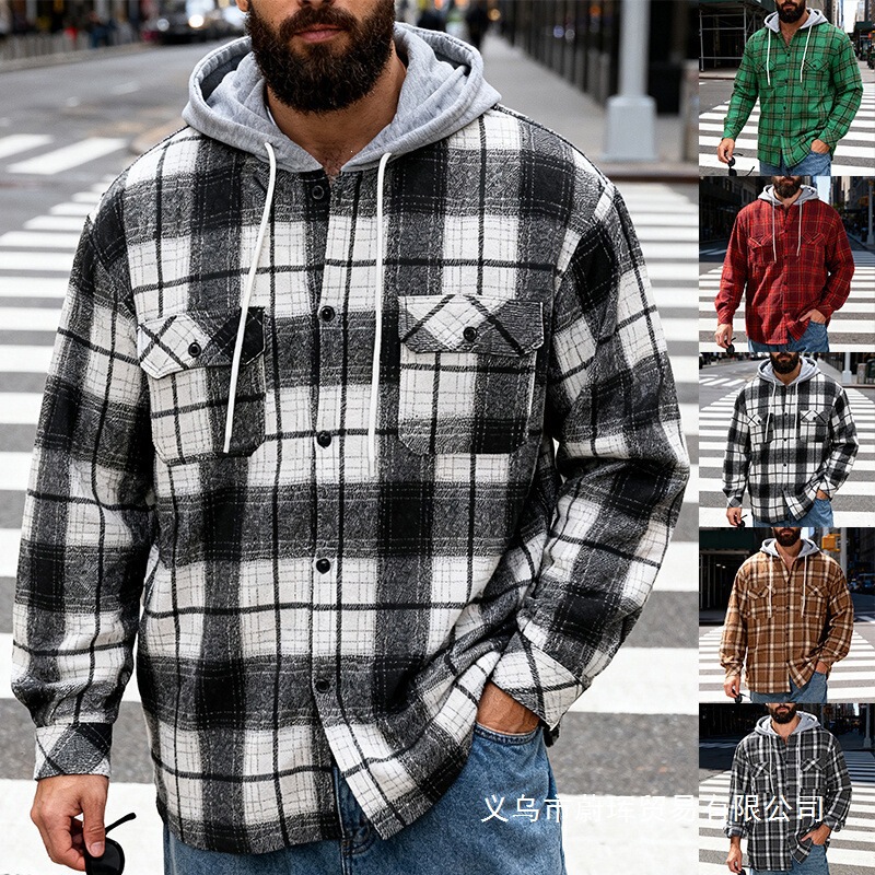 Cross-Border European and American New Style Spring and Autumn Men's Hooded Flannel Plaid Button-Up Shirt Jacket Versatile Wholesale