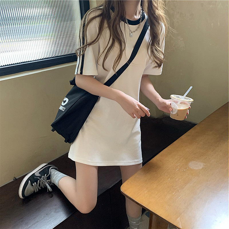 Internet Celebrity Short-Sleeved T-Shirt Women's Mid-Length Half-Sleeved Trendy Brand 2025 New Korean Style Loose Petite Dress 7250