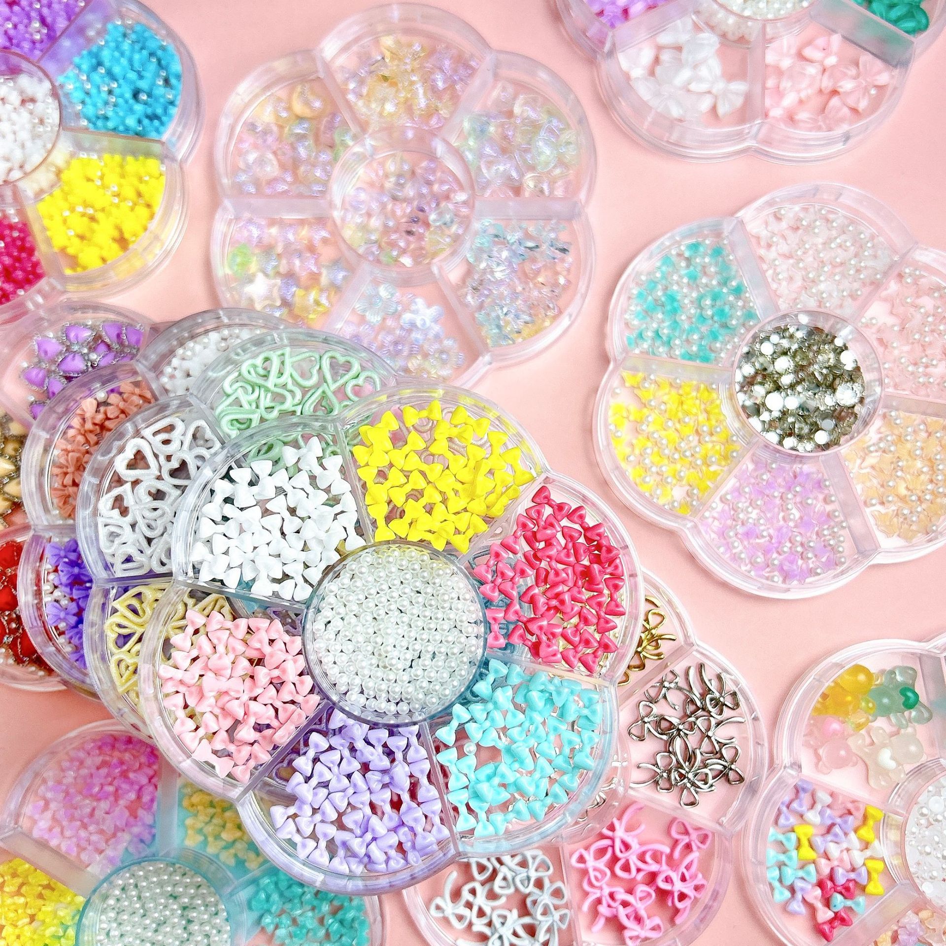 30g Weight Nail Decoration Accessories Nail Supplies 1 Set Quantity Resin Material Bow Knot Pattern Simple Style Style 7-Grid Mixed Bow Pearl Nail Beauty Ornament Girl's  Style Mini Small Bow Tie Nail Material Package Box 2