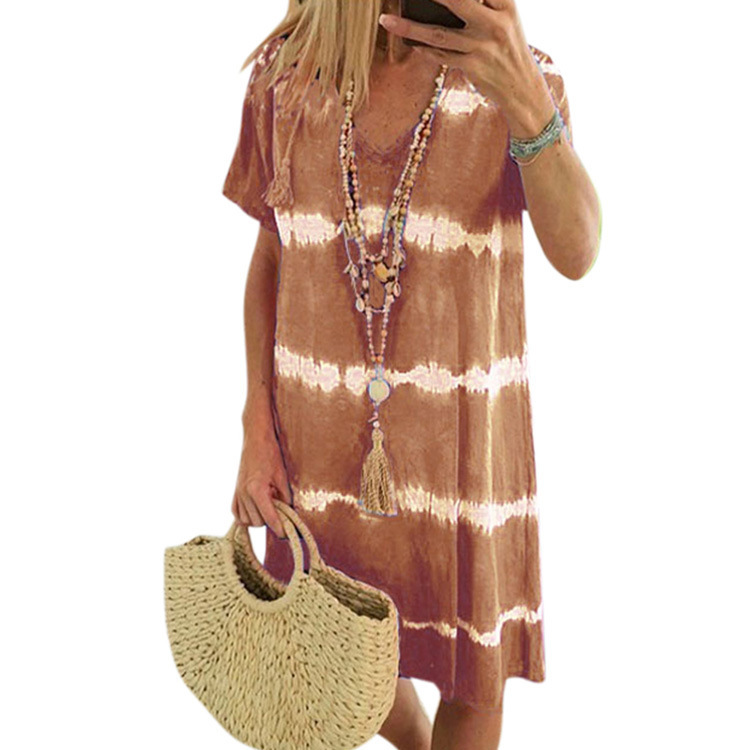 Walmart Cross-border Summer V-neck Striped Printed Tie-dye Short-sleeve Dress For Women In European_ecoleips.com