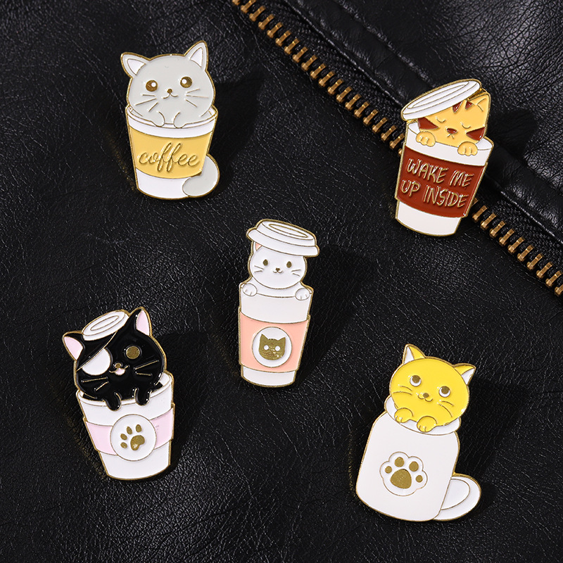 European And American New Cat Coffee Cup Animal Series Brooch Ladies Creative Cartoon Coffee Cat Shape Brooch display picture 14