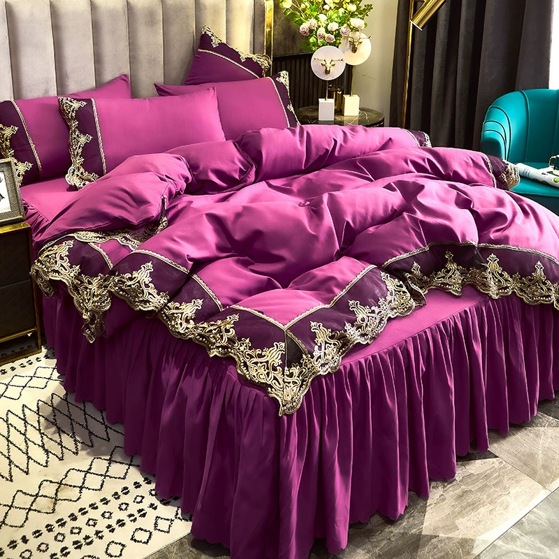 Трансграничное легкое роскошное кружевное покрывало Amazon в европейском стиле с начесом и вышивкой, Однотонная юбка-кровать из четырех предметов, комплект из трех-4 предметов, оптовая продажа