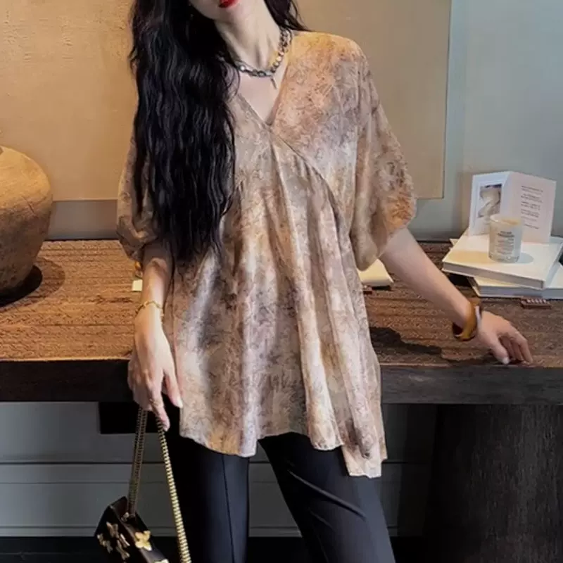 现货【清欢】设计款不规则宽松上衣秋季女短袖镂空印花衬衫