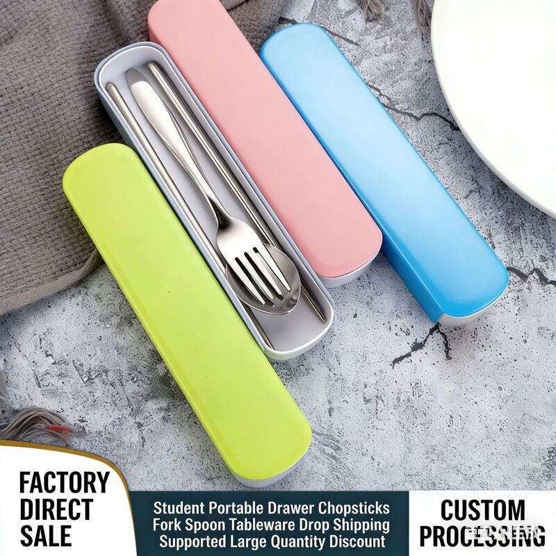 Stainless Steel Tableware Set Fork Spoon Chopsticks Three-piece Set Travel Camping Portable Tableware Set Storage Box LOGO