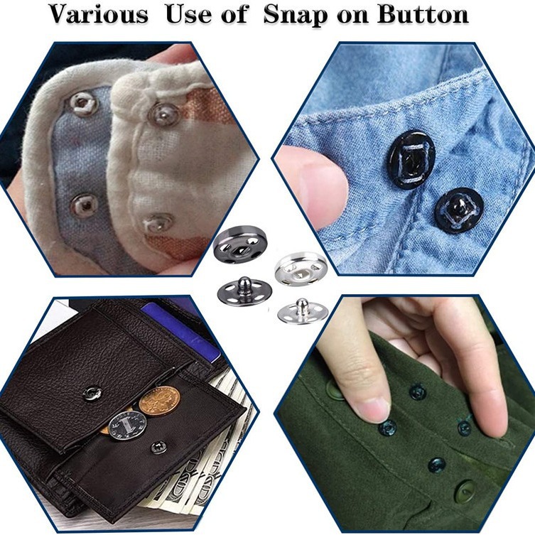 80 sets 4 tamaños costura complemento metal oculto hebilla puntada botón coser negro y plata Madre y niño hebilla traje